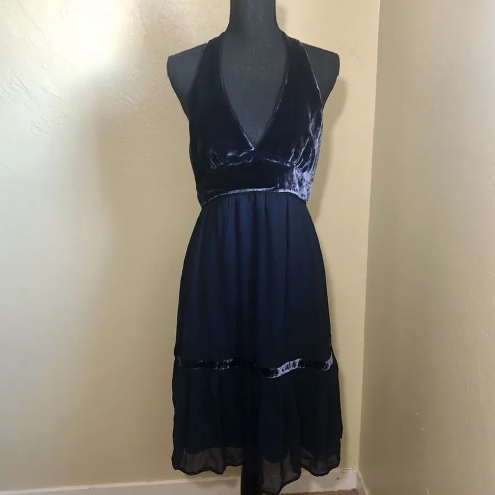 Y2K BCBG Max Azria Blue Velvet Bodice Halter Dress M